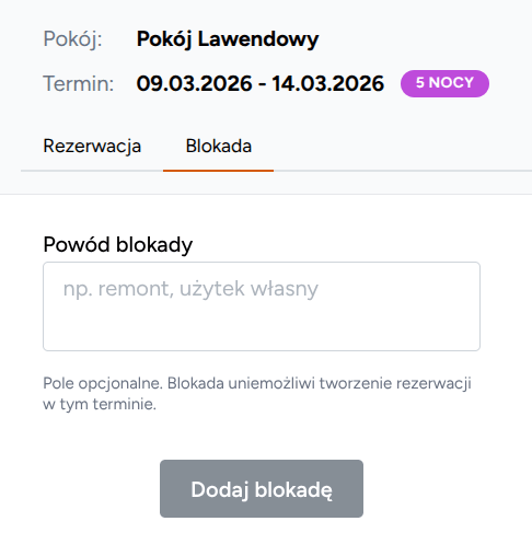 Formularz blokowania pokoju w aplikacji Juicybooking